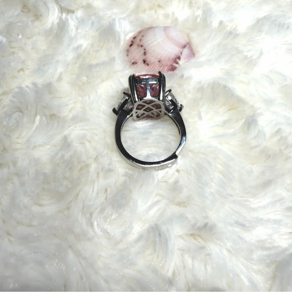8 Carat Pink CZ Cushion Ring S925 Sterling Silver Adjustable‎ Band Vacation Ring